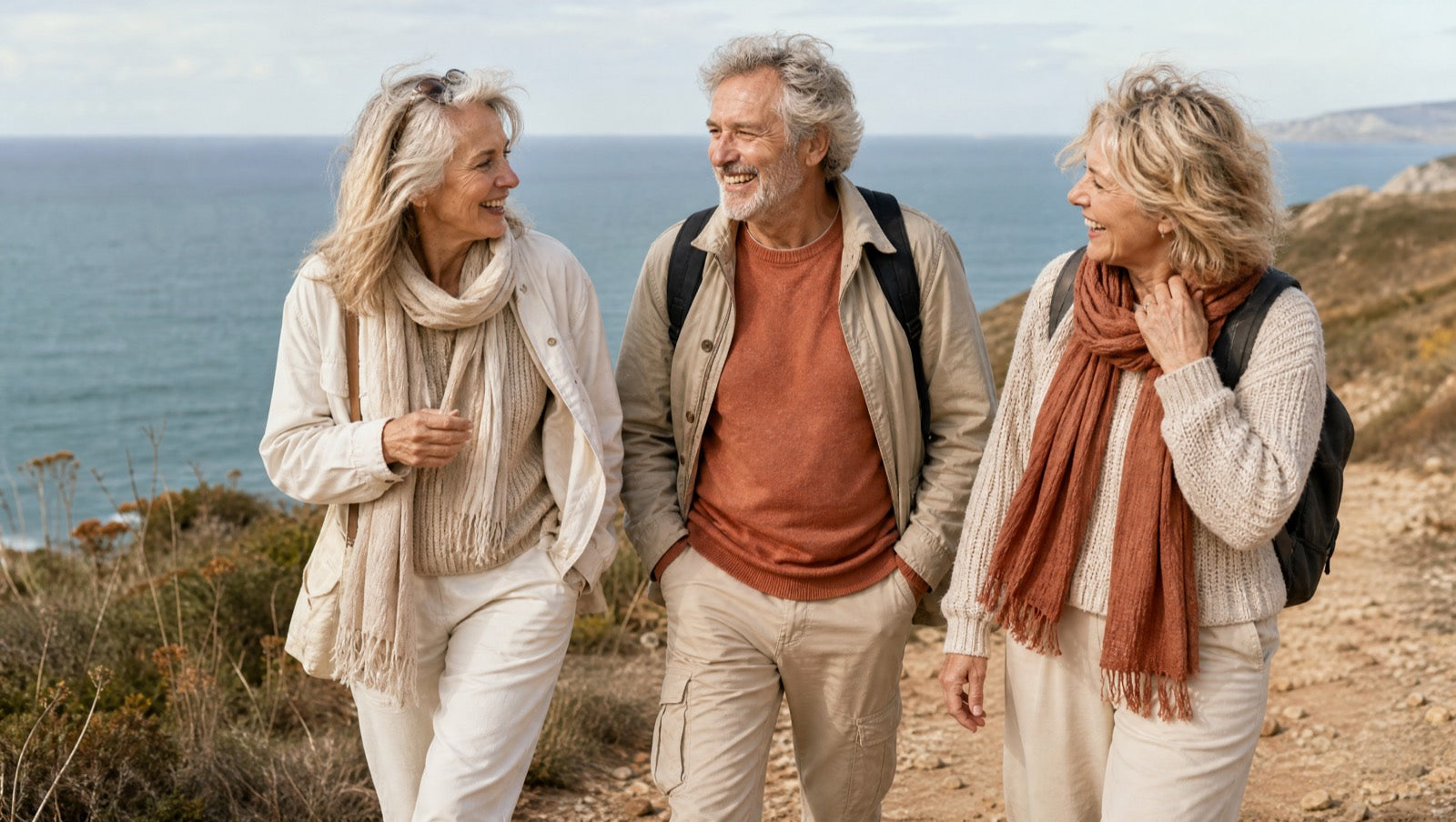 Three friends in their sixties walking and laughing on a coastal trail