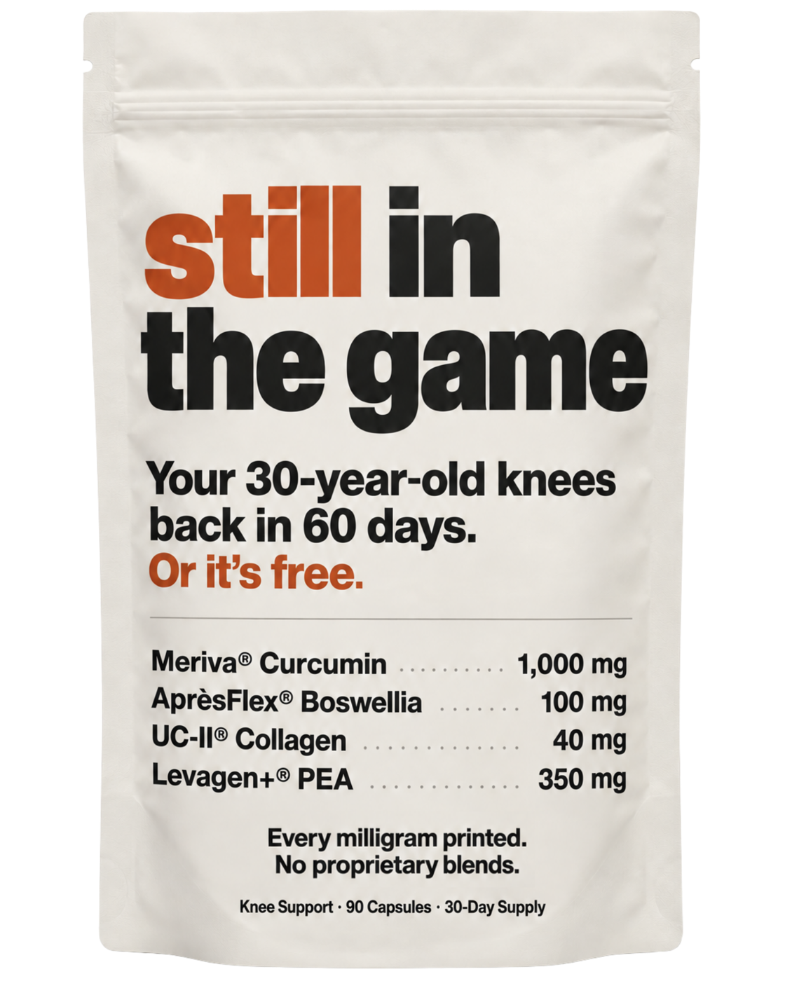 Still in the Game knee support bag. Forget your knee pain in 60 days. Or it's free. Meriva Curcumin 1,000 mg, AprèsFlex Boswellia 100 mg, UC-II Collagen 40 mg, Levagen+ PEA 350 mg.