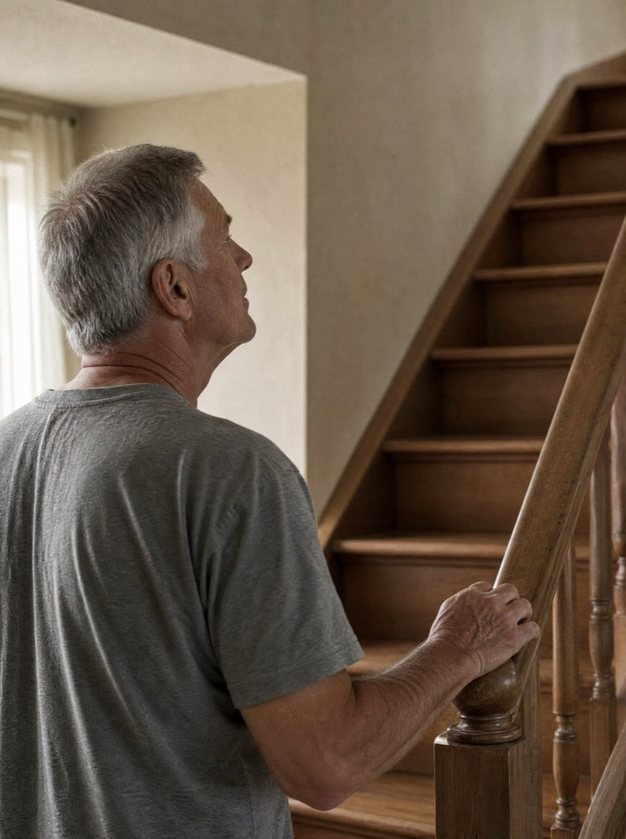 A man in his sixties pausing at the bottom of his stairs with one hand on the rail
